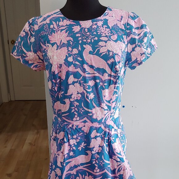 Birds of North America Blue and Pink Floral Peacock Dress - Picture 1 of 7